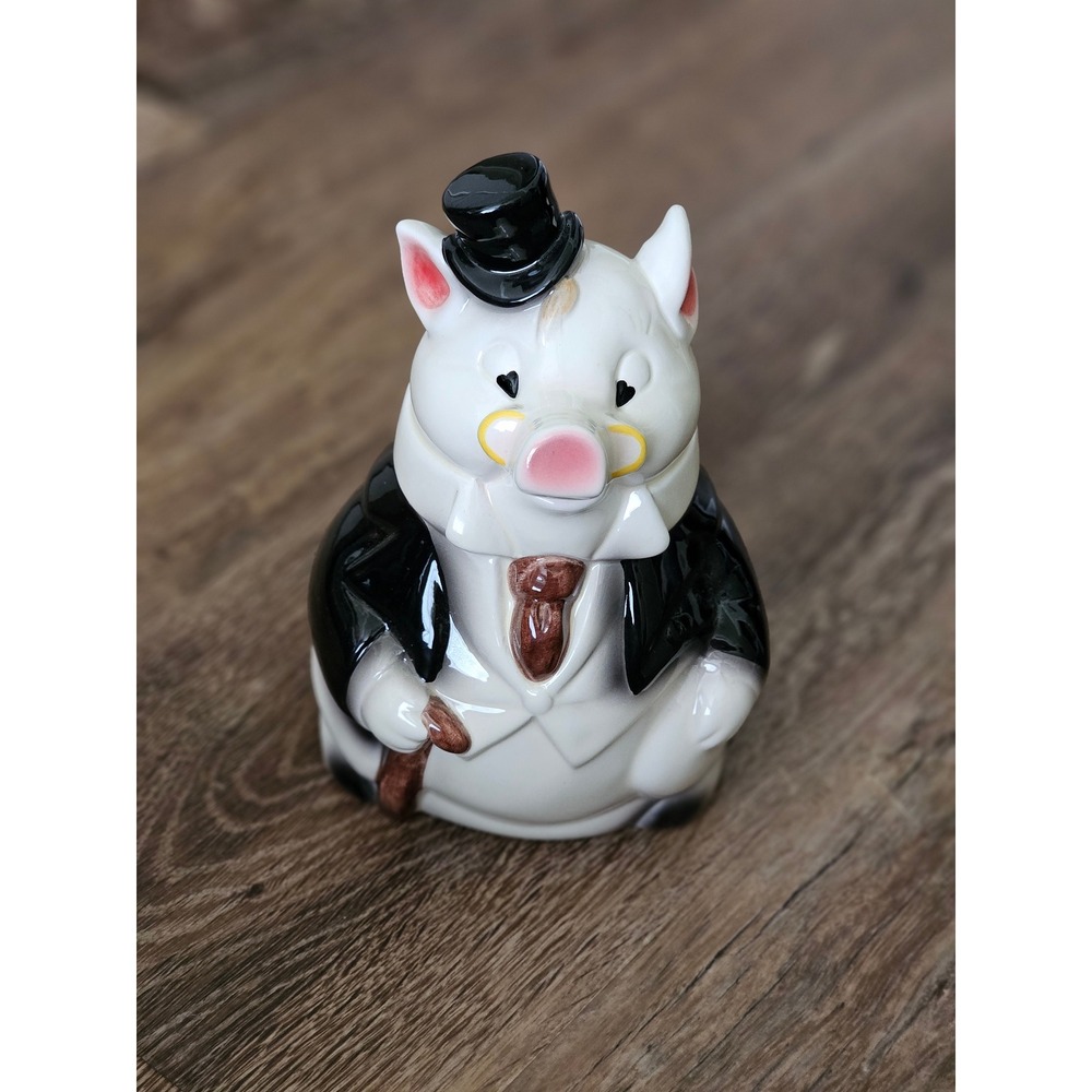 Vintage Dapper Pig Ceramic Piggy Bank Tuxedo Top Hat Figurine Coin Bank - Picture 1 of 2
